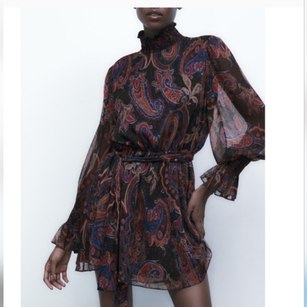 NWT ZARA CHIFFON PAISLEY PRINTED MINI DRESS S